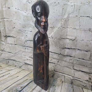 Vtg Asian Wood Carving Chinese Man w Staff Statue Figure Oriental Art Wood 12"